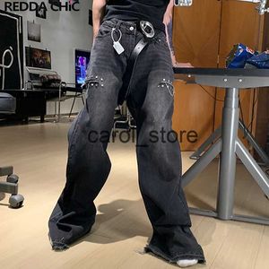 Erkek pantolon retro perçinler boncuklu erkek parlar kot pantolon kesilmiş yıpranmış ham kenar kot çan dipler siyah mavi ağartılmış bootcut pantolon emo Streetwear j231208