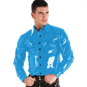 Erkek Tişörtleri Gece Kulübü Erkekler Parlak PVC Deri Gömlek Top Islak Görünüm Sahte Görünen Lateks Düğmesi Uzun Kollu Yatak Partisi Bar Kulübü Kıyafetleri