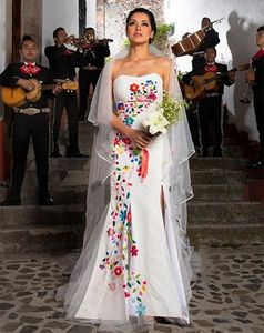 Meksika Çiçek Nakamı Denizkızı Gelinlik Kapalı Omuz Kapalı Sevgilim Uzun Saten Gelin Gowns Vintage Bahar Dönemi Düğün Resmi Elbise