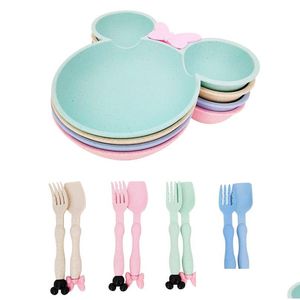 Other Baby Feeding 3Pcs Wheat St Cartoon Tableware Set Childrens Dishes Kids Dinner Platos Plate Training Bowl Spoon Fork Drop Deliver Dhgs1
