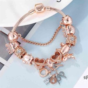 Seialoy pulseira de ouro rosa pulseiras para mulheres princesa elk grânulo feliz charme pulseiras jóias ajuste menina casal amizade jóias gi276e