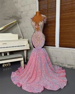 Luxury Pink O Neck Long Prom Dress For Black Girls 2024 Sequined Birthday Party Dresses Beaded Crystal Evening Gowns Tassel Gown