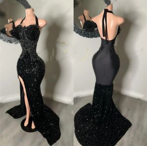 Sexy Sweetheart Long Prom Dress For Black Girls 2024 Applique Birthday Party Dresses Sequined Evening Gown High Slit Robe De Ba