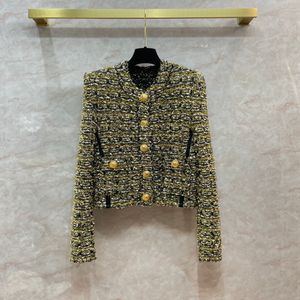 Luxuoso linha dourada gola redonda mangas compridas casacos femininos designer de botões de metal casacos femininos 12115678