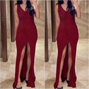 Parti Elbiseleri Burgundy Uzun Balo Spandex V Boyun Denizkızı Akşam Elbisesi Ön bölünmüş Boncuklu Korse Düzenli Elastik Kadın Nedime Elbise