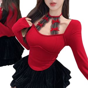 Yeni tasarım kadın yular boyun dantel sevimli yay yamalı kırmızı renk içi boş seksi uzun kollu yastıklı tişört smlxlxxl