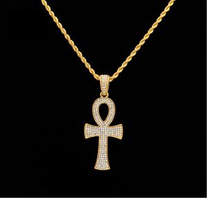 Anhänger Halsketten Hiphop Ägyptische Ankh Schlüssel Halsketten Gold Silber Bling Strass Kristall Kruzifix Anhänger Halskette Für Herren Hip Hop Party Schmuck6177040