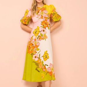 Vestido de linho designer australiano 2024 primavera/verão novo floral impressão bolha mangas em torno do pescoço manga curta vestido fino ajuste