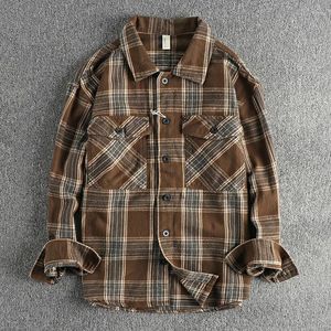 Camisas casuais masculinas inverno tendência retrô espessada xadrez manga comprida camisa cargo bolso design casaco