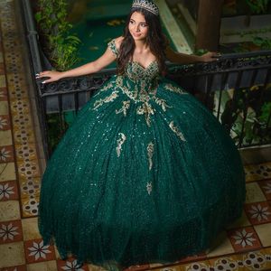 Emerald Green Pulin Quinceanera Omuzdan Kıyafet Meksika Glitter 16. Kız için Tatlı