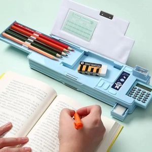 Creative Multi-functional Plastic Stationery Box For Primary School Students Double-sided Magnetic Pencil Calculator Sharpener