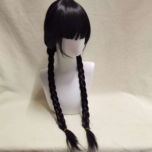 Quarta-feira Addams Peruca Cosplay Longa Tranças Pretas Cabelo Perucas Sintéticas Resistentes ao Calor com Franja para Festa de Halloween