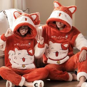 Женские пижамы для сна, зимние утепленные парные пижамные комплекты, одежда для сна для взрослых, мультяшный кот, Kawaii, женские и мужские пижамы в стиле аниме, корейские костюмы с капюшоном, ночная рубашка 231212