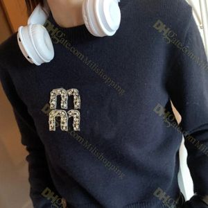 Kadın Tasarımcı Hoodies lacivert el boncuklu elmas Miumiu Mektup Kaşmir Süvari 554#