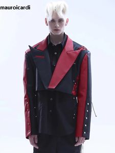 Мужские куртки Mauroicardi, весна-осень, крутая короткая черно-красная куртка из искусственной кожи с цветными блоками, мужской пиджак с длинными рукавами на шнуровке 2023 231214