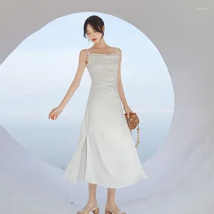 Sıradan Elbiseler Yaz Beyaz Saten Midi Strap Elbise Kadınlar 2023 Uzun Zarif İnce Resmi Kayma Düğün Konuk Nedime Doğum Günü Prom