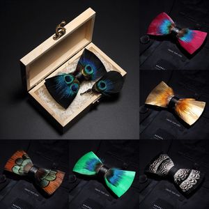 Галстуки JEMYGINS, оригинальный итальянский дизайн, галстук-бабочка из натурального пера невесты, изысканный ручной работы, мужской галстук-бабочка, брошь, булавка, деревянная подарочная коробка, набор 231214