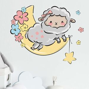 Cartoon süße Schafe auf dem Mond Blumen Wandaufkleber für Kinderzimmer Baby Kinderzimmer Wandtattoos Home Dekorative Aufkleber Dekor