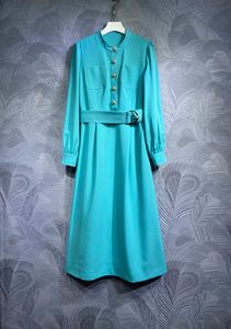 Mavi Elbise Ayakta Yaka, Uzun Kollu Kemer, Bel Cinching Elbisesi, 2023 Sonbahar Yeni Düz Renk, Basit ve İnce Uygun, Orta Uzunluk Etek