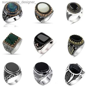 Solitaire Ring 30 Styles Vintage El Yapımı Türk Signet Yüzüğü Erkekler Kadın Antik Gümüş Renk Siyah Onyx Taş Punk Halkalar Dini Jewelryl231215