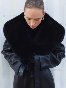 Kadınlar Deri Sahte Deri RR2894 Sokak Giyim X-Long Faux Fur Trim yaka Deri Trençkotları Belted Belted Cem İnce Sahte Koyun Deri Deri Ceket Siyah T231215