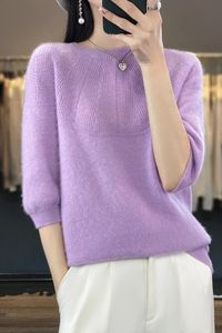 Kadın Sweaters İlkbahar Yaz Kadın Sweater Tişört Tişört Boş Tees Jumper Kadın Pullover Orta kollu O boyun üstleri% 100 Yün Örme Giysileri Bluz 231214