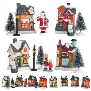 Decorações de Natal LED Resina Christmas Village Ornaments Set Figurines Decoração Papai Noel Pine Needles Snow View House Holiday Gift Home Decor 231214