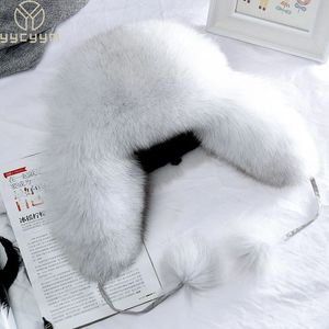 Trapper Hats 100% Real Fox Fur Hats Women's Russian Ushanka Trapper Snow Skiing Hat Caps Earflap Winter Raccoon Fur Bomber Hat 231214