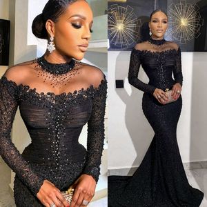 Plus Size Aso Ebi Prom Dresses for Special Occasions Black Mermaid Illusion Sheer Neck Long Sleeves Evening Formal Dress for Black Women Second Reception Gowns NL003