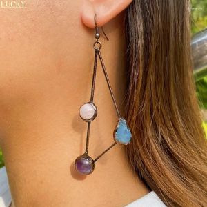 Dangle Küpeler Antik Bakır Lehimli Büyük Üçgen Asfalt Gül Kuvars/Ametist/Aquamarine Küpe Boho Retro Mücevher Hediyesi