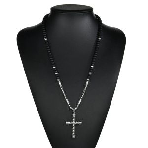 Collane con rosario da uomo con ciondolo a forma di croce in pietra nera, collana con pendente a forma di crocifisso cattolico in oro bianco 14 carati, regalo a catena