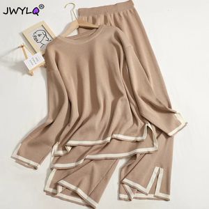 Womens Two Piece Pants Autumn and Winter Oneck Long sleeved Side Sewn Flower SweaterHigh Waist Wide Leg piece Casual Track Clothing 231215