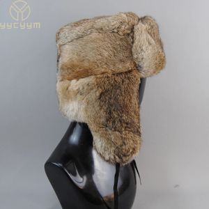 Trapper Hats Men's Caps Warm Natural Rabbit Fur Bomber Hat With Earflaps Winter Unisex Warm Russian Ushanka Hat Real Rabbit Fur Hats 231214