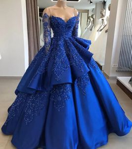 Kraliyet Mavi Vintage Ball Roo Prom Elbise 2024 Kapalı Omuz Uzun Kollu İnciler Boncuklar Sizik Saten Akşam Formal Quinceanera Önlükleri Vestidos de Fieast