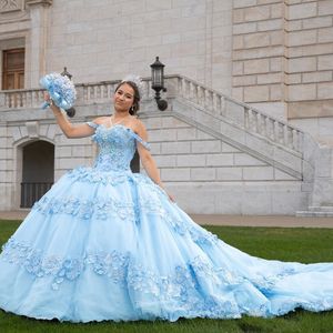 Gökyüzü mavisi omuz aplike 3dflowers boncuklar 15 elbise quinceanera balo elbisesi ayva elbiseler prenses resmi fırsat elbisesi