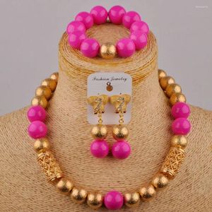 Комплект ожерелья и серег, простой цвет фуксии, розовый стеклянный кристалл, Африканское женское свадебное платье для невесты, Нигерия, модные украшения XK-26
