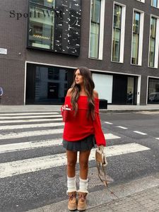 Kadınların Sweaters Zarif Katı Yüzük Omuz Kazandı Kadınlar Moda Slash Boyun Uzun Kollu Örgü Sonbahar Bayanlar Yüksek Sokak Saktiketleri 231215