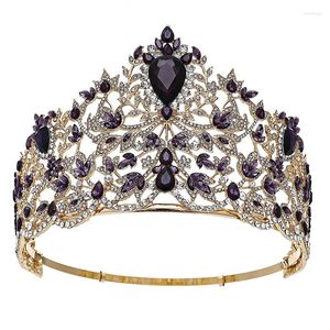 Saç klipsleri altın renkler mor kristal yarışması taç prenses mavi tiaras düğün başlık gelin başlık büyük gelin barok