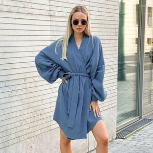 Mulheres sleepwear outono solto puro algodão cardigan lace-up manga longa camisola curta casual e confortável azul casa wear atacado