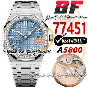 BFF 34mm 77451 A5800 Otomatik Bayanlar İzle 50. Yıldönümü Elmaslar Çerçeve Buz Mavi Dokulu Kadran Paslanmaz Bilezik Süper Edition Womens Saatler Trustytime001