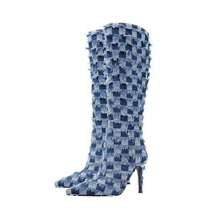 Diz deliğinin üzerinde yeni derin ayak parmağı jean botları kadınların uzun sıkı tıknaz topuk yaz botları platform yüksek topuklu tasarımcı kadın ayakkabı boyutu 35-43