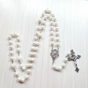 Branco acrílico pérola longo católico 14k colar de ouro branco cruz pingente rosário colar jóias religiosas