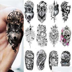 Временные татуировки 100 шт., оптовая продажа, водонепроницаемая татуировка-наклейка, волк, тигр, Skl, змея, цветок, тело, рука, хна, поддельные рукава, мужчина, женщина, D Dhrum