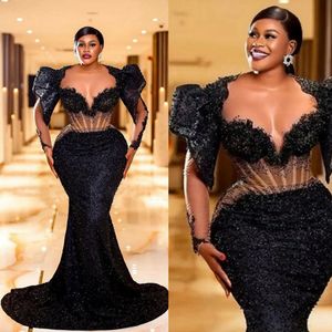 2024 Plus Size Aso Ebi Prom Dresses Illusion Shining Mermaid Long Sleeves Lace Tulle Evening Formal Dress for Special Occasions Birthday Party Gowns African NL014