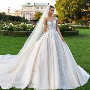 Design Lace Ball Gown Wedding Dresses Beaded Sheer Jewel Plus Size Appliqued Satin Bridal Gowns Buttons Back Cathedral vestido de novia