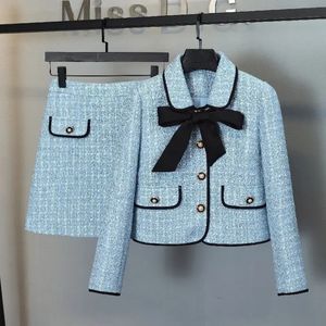 Duas peças vestido arco azul tweed jaqueta curta cardigan outono inverno mulheres peice define mini saias camisas xadrez ternos coreanos 231216