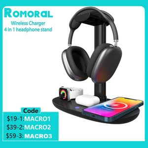 Kulaklıklar Romoral 4in1 Kablosuz Şarj Cihazı Söndürülebilir Kulaklık Tutucusu ile Oyun Kulaklık Standı IOS Phone Iwatch için Kablosuz Şarj Cihazı