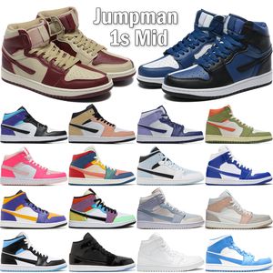 Nike Air Jordan 1 Mid Männer Frauen Basketballschuhe Lederinsel Grün Segel Rot Schwarz Blau Gold Mailand Neutral Grau Hyper Crimson Sneakers Größe 36-45