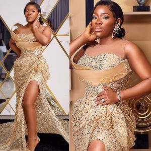 Shine African Arabic Aso Ebi Prom Dresses Illusion Gold Mermaid Sequined Lace Beaded Evening Dress for Black Women Girls Birthday Party Second Reception Gowns ST657