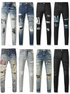 Mor kot pantolon kot tasarımcı kot moda sıkıntılı yırtık bisikletçiler kadın denim kargo erkekler için siyah pantolon kırık delik skinny jean